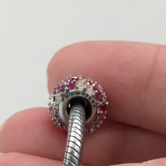 CHAM 925 Sterling Silver 3 Charm Breast Cancer Awareness Snake Bracelet - Picture 3 of 7